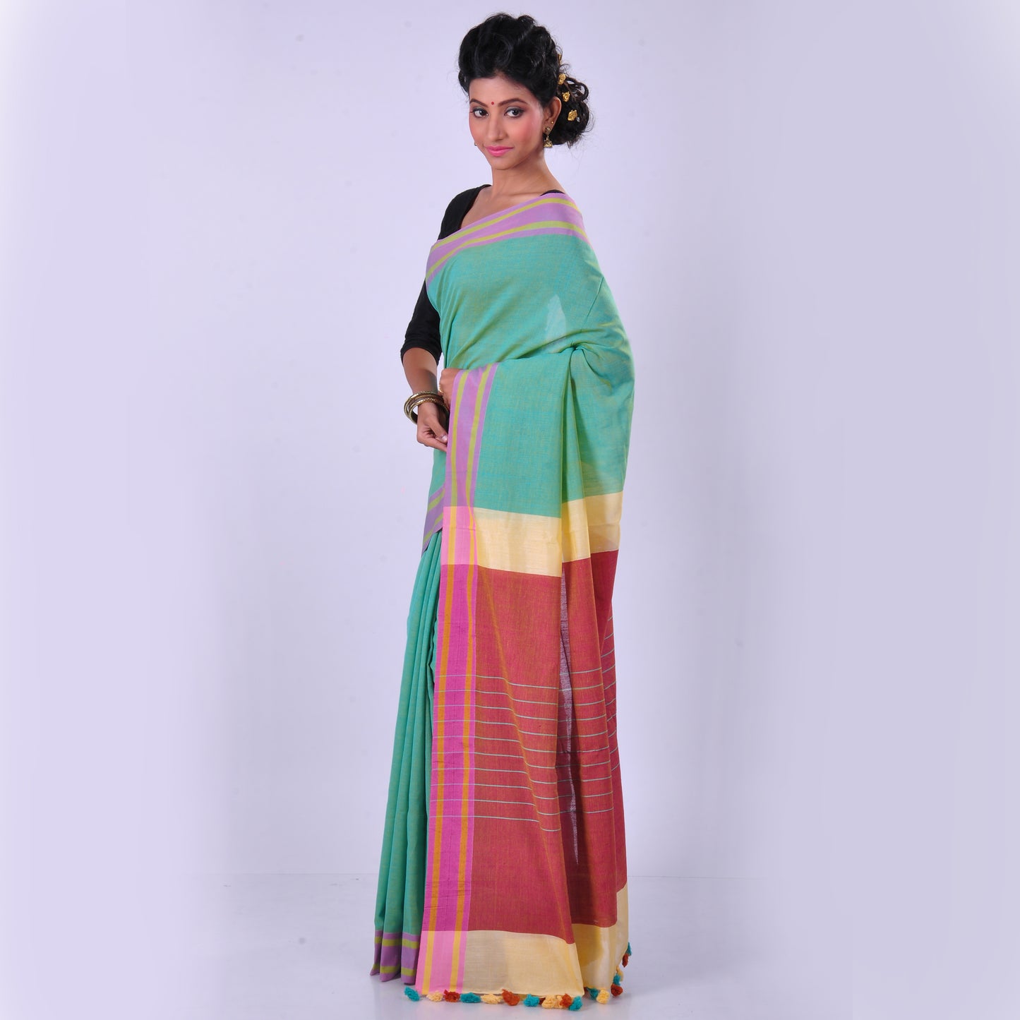 Aqua green cotton handwoven sari