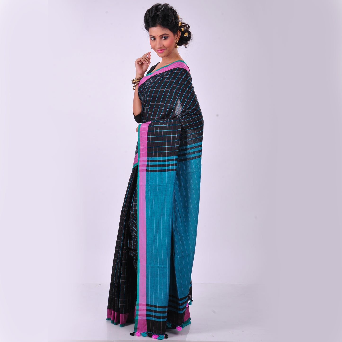 Black handwoven cotton sari