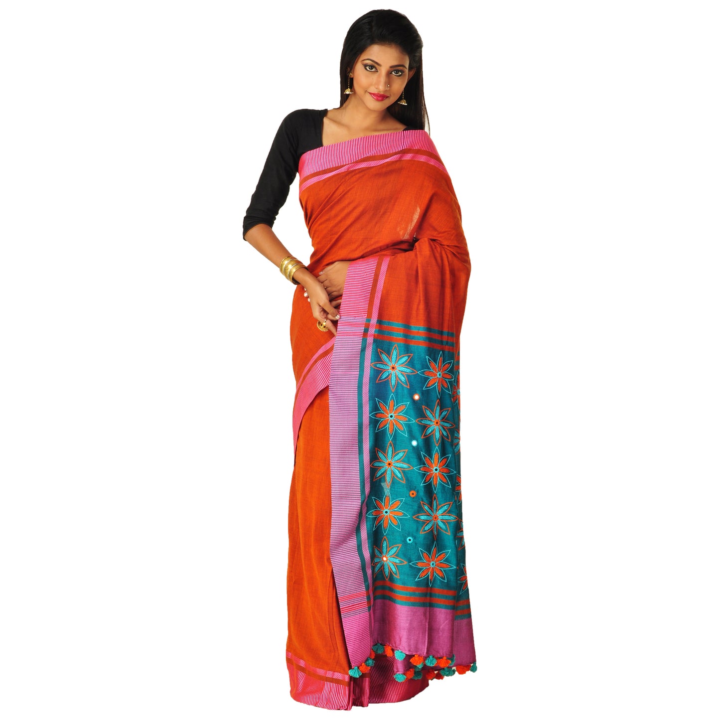 Orange hand-embroidered sari