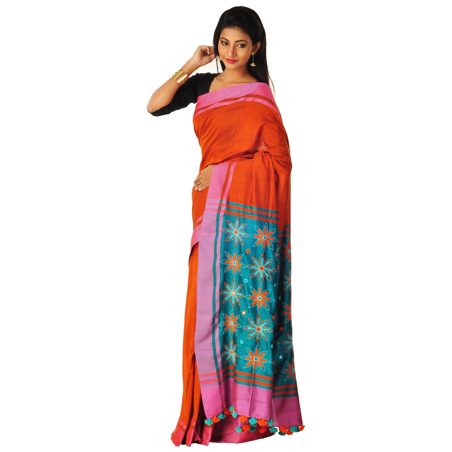 Orange hand-embroidered sari