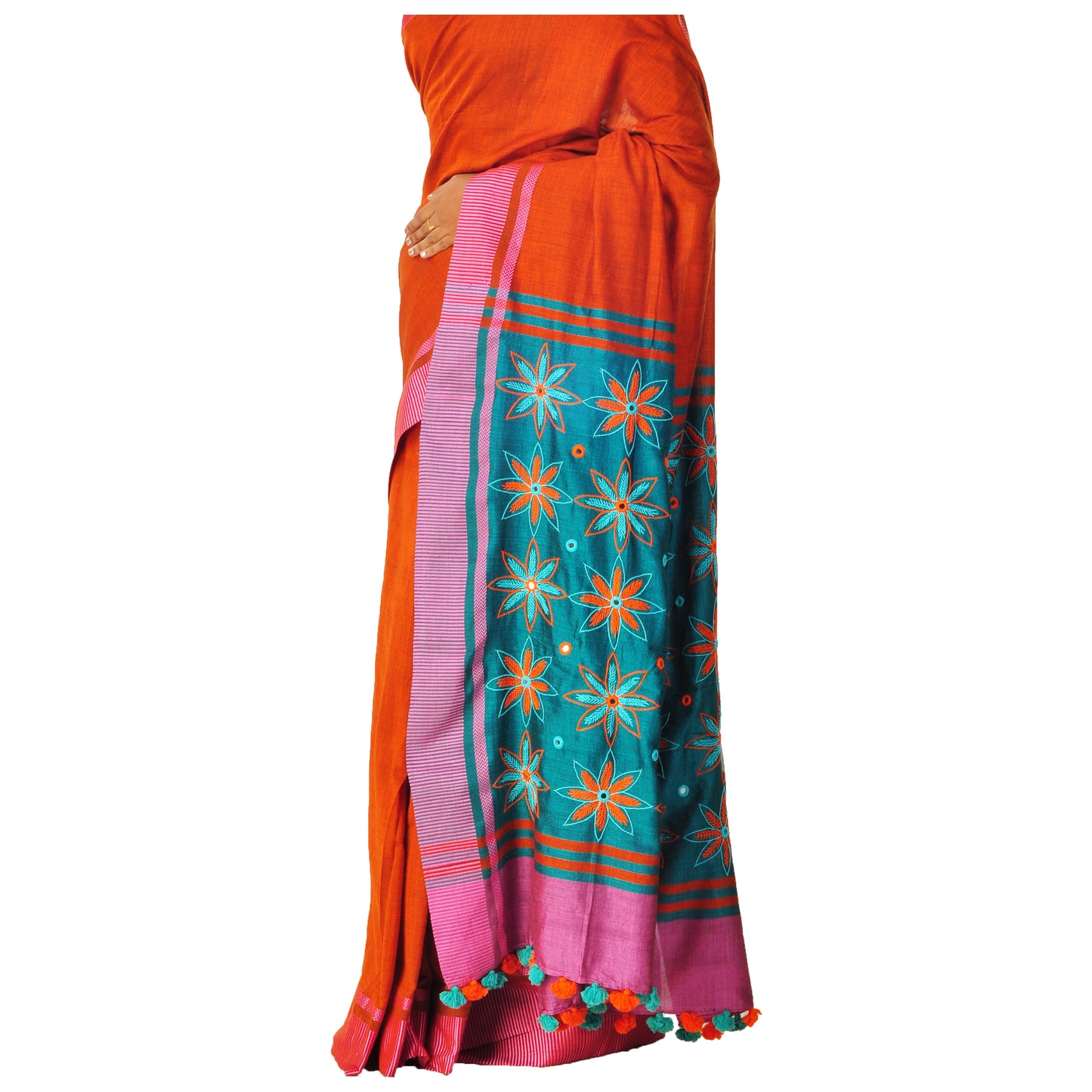 Orange hand-embroidered sari