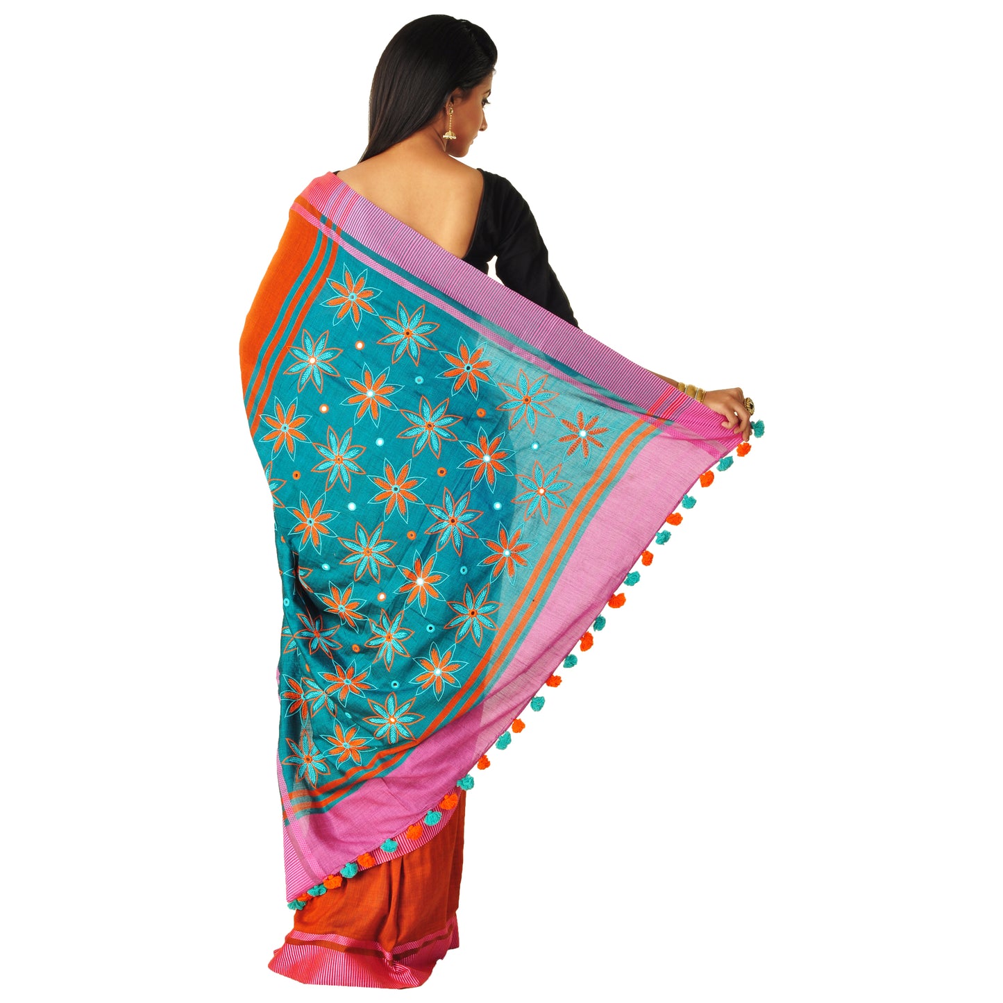 Orange hand-embroidered sari