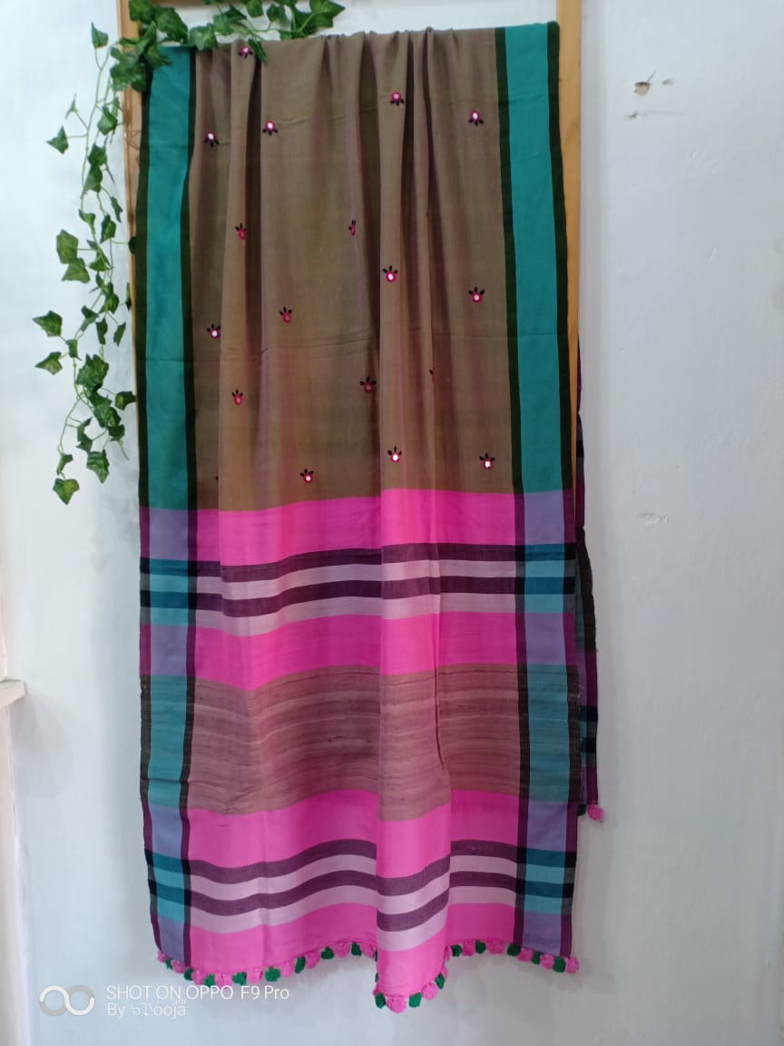 Olive embroidered cotton dupatta