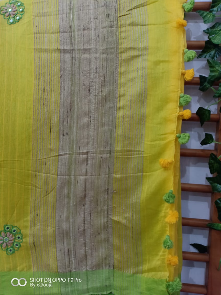 Yellow cotton silk sari