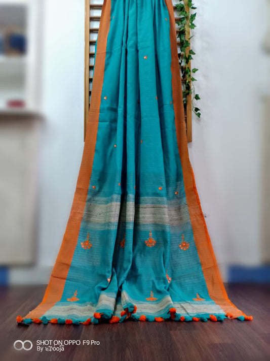 Blue handwoven cotton silk sari