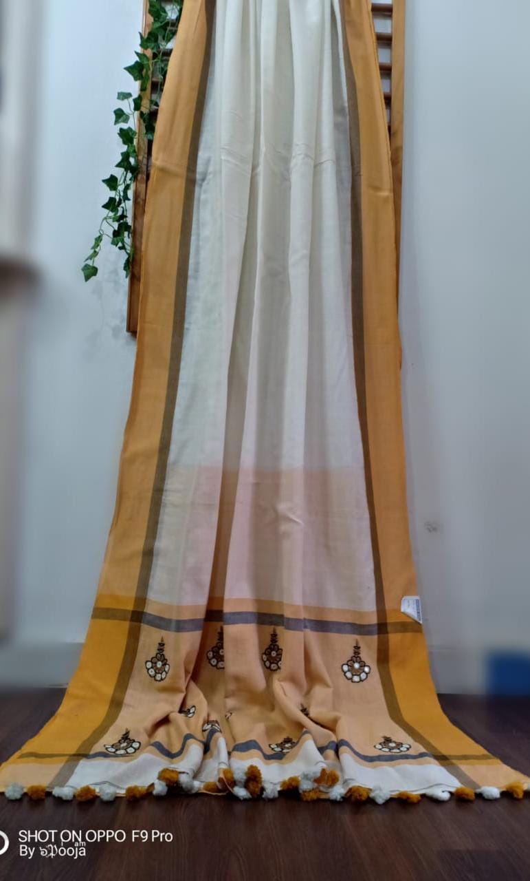 Off- white hand- embroidered sari