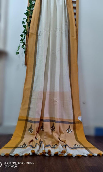 Off- white hand- embroidered sari