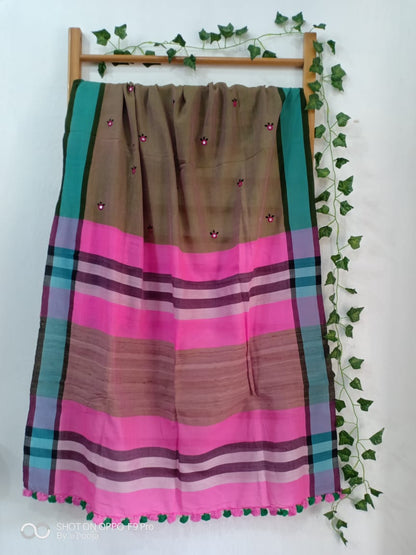 Olive embroidered cotton dupatta