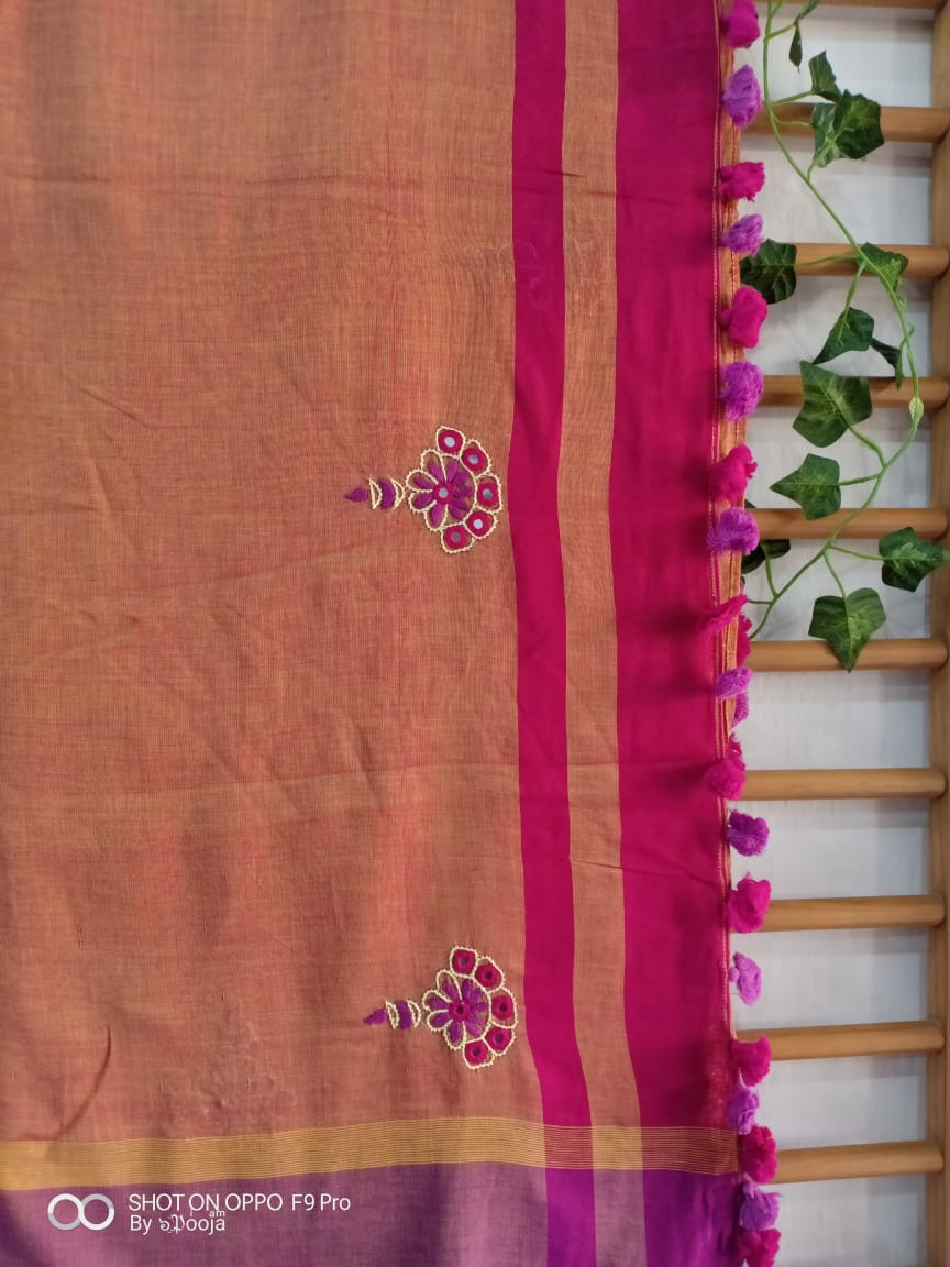 Pink hand- embroidered cotton sari