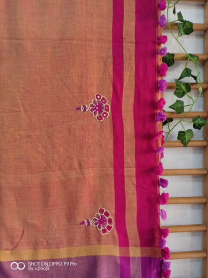 Pink hand- embroidered cotton sari