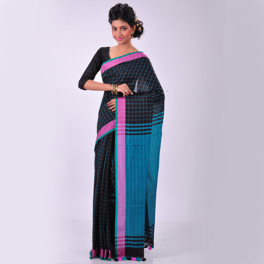 Black handwoven cotton sari