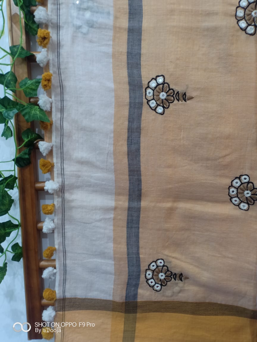 Off- white hand- embroidered sari
