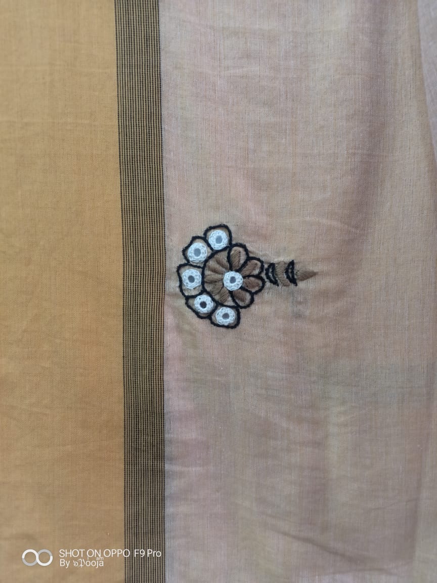 Off- white hand- embroidered sari