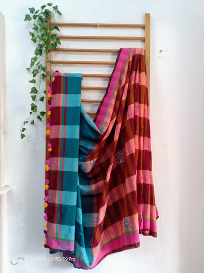 Orange embroidered handwoven cotton sari