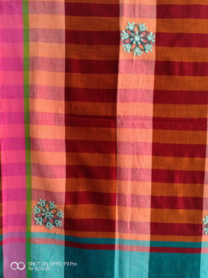 Orange embroidered handwoven cotton sari