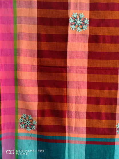 Orange embroidered handwoven cotton sari