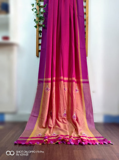 Pink hand- embroidered cotton sari