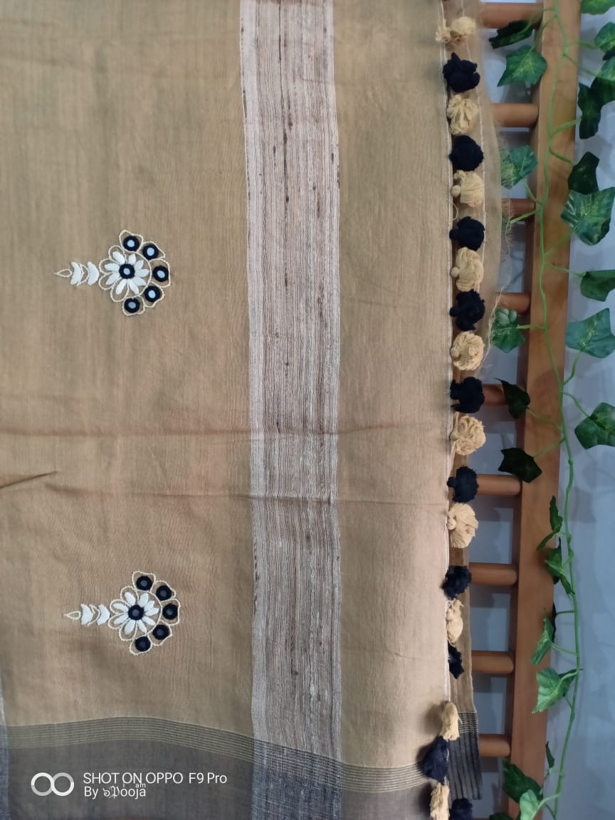 Beige embroidered cotton silk sari